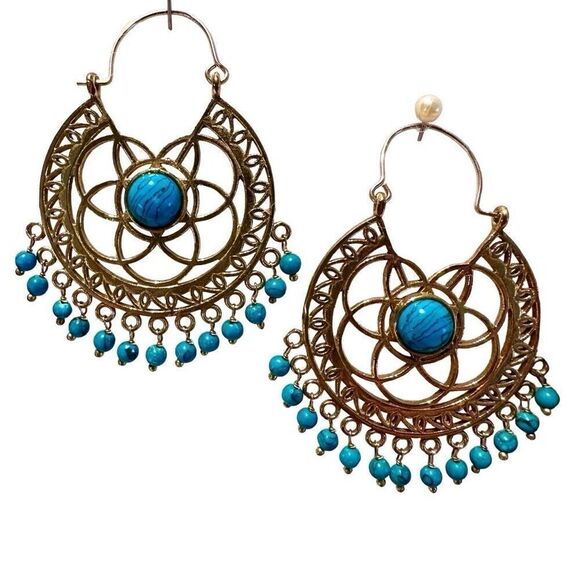 Gypsy Filigree Turquoise & Gold Earrings NWT - Picture 1 of 2